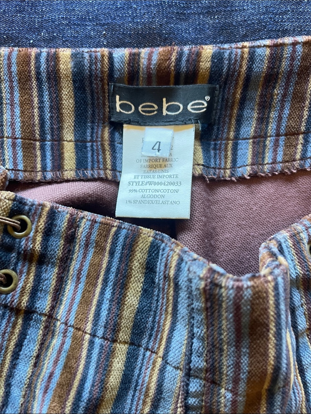 Bebe Vintage Striped Lace-Up Flared Pants - Navy, Brown, Tan size 4 - Picture 6 of 10